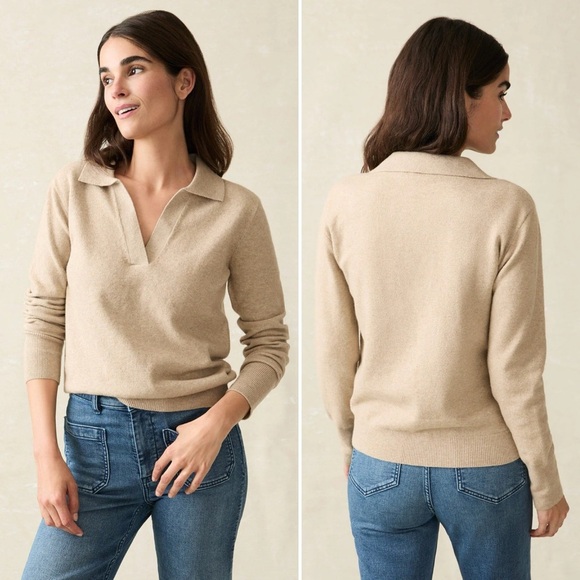 Faherty Sweaters - Faherty Women’s Jackson Sweater Polo Small Oatmeal Heather tan camel neutral